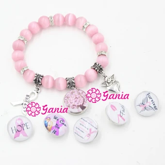 

1PC Bracelet 6PCS Buttons Breast Cancer Awareness Jewelry Pink Opal Bead Breast Cancer Ribbon Angel Charm Bracelets Cancer Gift