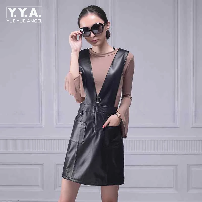 

New Genuine Leather V-Neck Sleeveless Strap Dress Womens Long Sheepskin Dresses Zipper Female Robe Femme Party Dress Plus Size