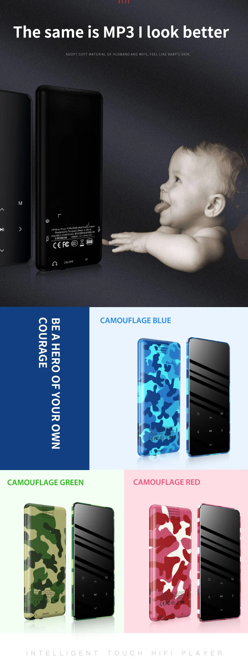 2," версия Bluetooth Сенсорный HI FI MP3 музыкальный плеер тонкий Walkman 4G 8G костюм для бега ходьбы и скалолазания Bulit-in динамик