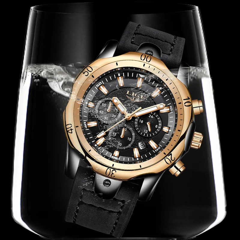 2018 LIGE Mens Watches Brand Luxury Gold Quartz Watch Men Casual Leather Military Waterproof Sport Wrist Watch Relogio Masculino
