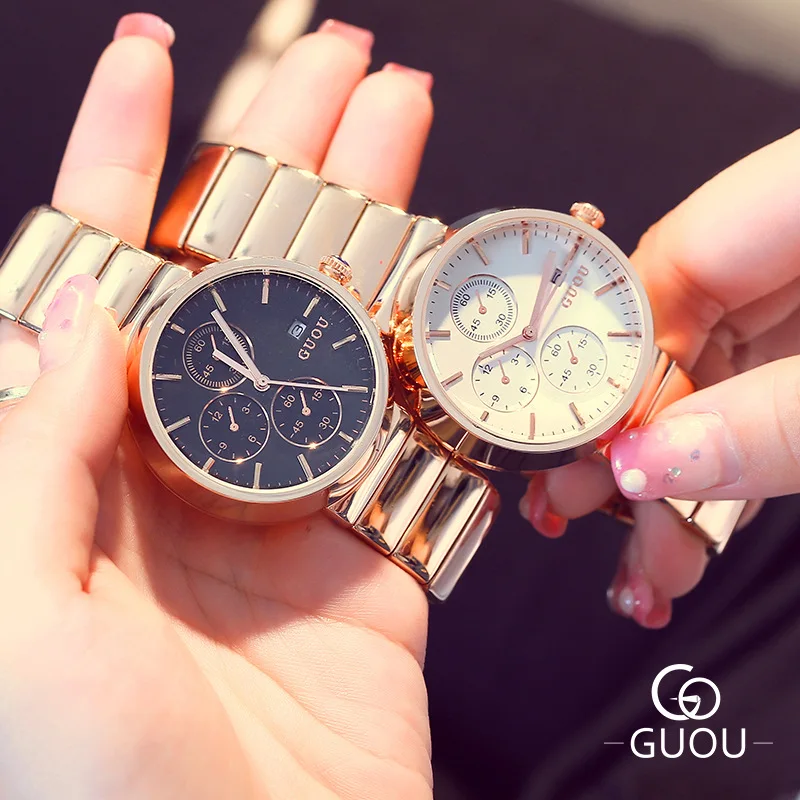 

AAA Brand GUOU Ladies Dress Watch Luxury Rose Gold 3 Eyes Calendar Bracelet Watches with Alloy Strap Women Business Wristwatch
