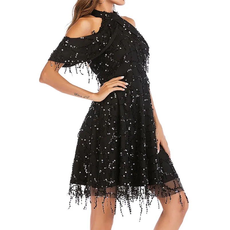 Sexy Fashion Slim Nightclub Party Sequined Mini Dress Women Dress Solid Off Shoulder  Attractive Dress 40MA15 (16)