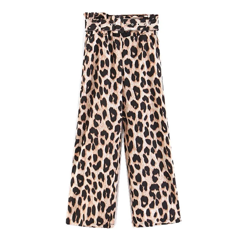 2019 Women Leopard Wide Leg Pants Vintage Buckle Belt Full Length Trousers Femme Casual loose long Pants