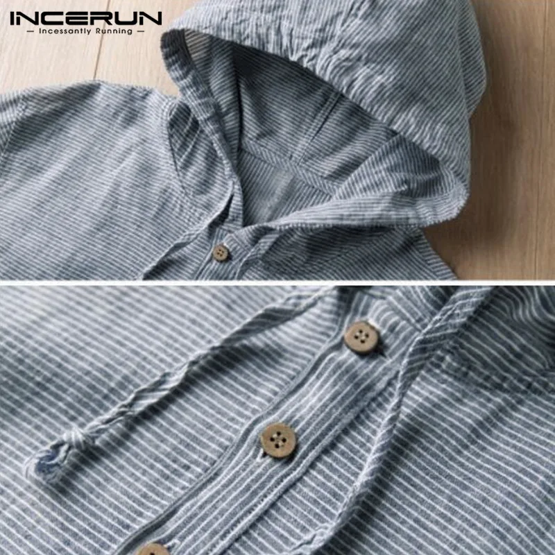 Skup Męskie lniane koszulki z kapturem z długim rękawem kieszenie w paski regularny krój swetry bawełniane oddychające klasyczne koszulki Hiphop męska bluzka