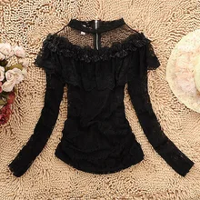 Sexy See Through Cold Shoulder Mesh Chiffon Long Sleeves Stand Collar Blouse Women Fashion Vintage Lace Ruffled Velvet Top Shirt black sexy cold shoulder long sleeves sweater