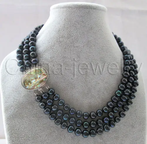 

FREE SHIPPING ******* Beautiful 17-19 " 3row 9mm black round freshwater pearl necklace - abalone shell