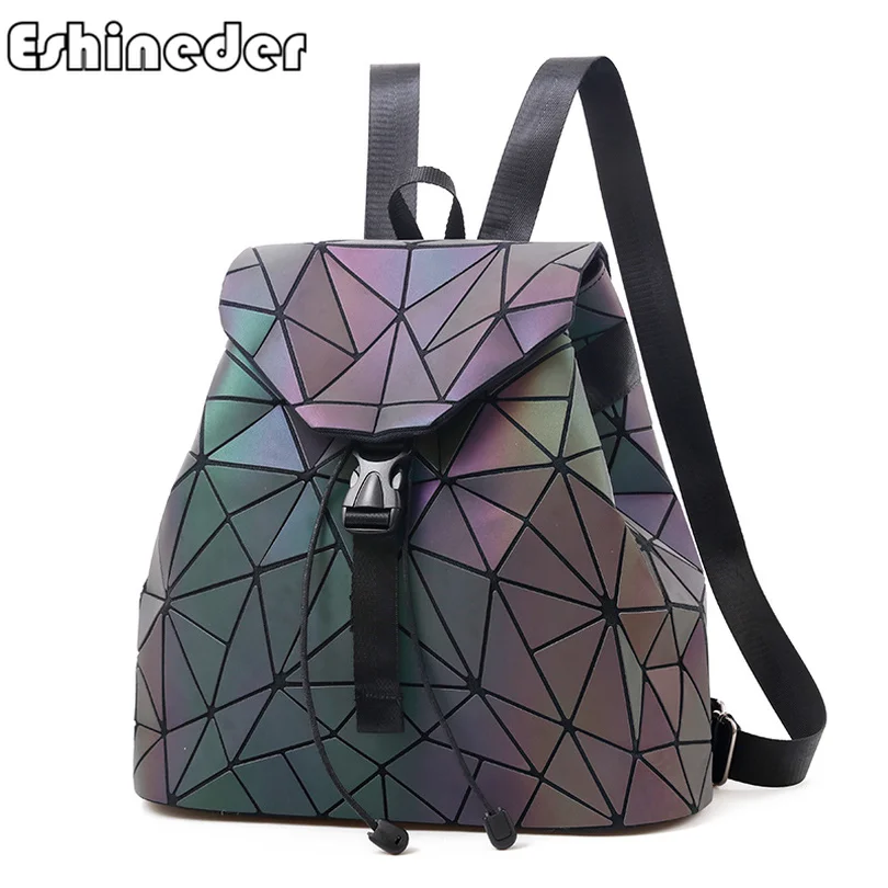 

Luminous Backpack Laser Shoulder Bag Women Leather Geometric Backpacks Diamond Lattice Backpack Travel Girls Casual Daypacks