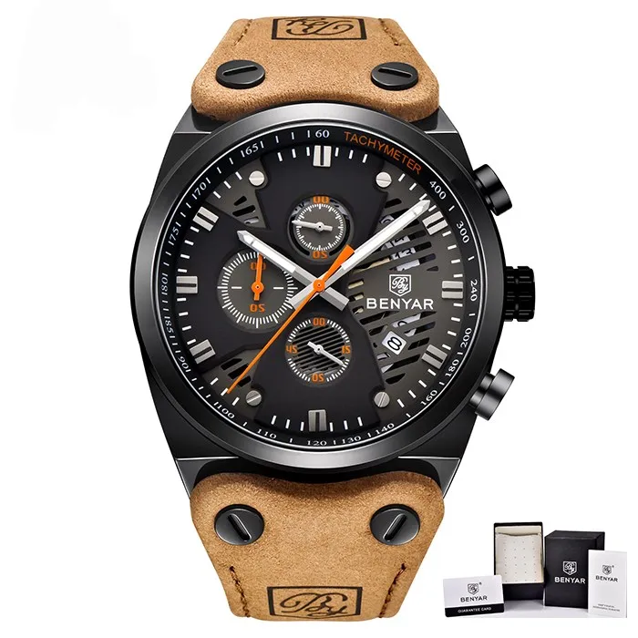 Benyar Брендовые мужские часы 30 м водонепроницаемые кварцевые часы деловые мужские кожаные часы Авто Дата наручные часы Relojes - Цвет: black orange