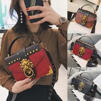 

New Elegant Shoulder Bag Women Wild Simple Messenger Bag For Girls Fashion Metal Lion Head Mini Square Crossbody Bag K703