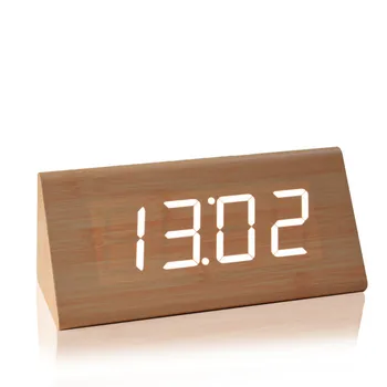 

Wooden alarm clock,Sounds control Temp+date+time white led electronic alarm clock Night glowing reloj despertador