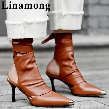 

2019 Newest Summer Pointed Toe Slingback Ankle Cross-tied Solid Mid Heel Fashion Hottest Women Boots Shoes