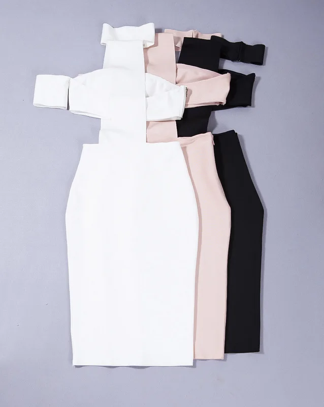 Новая мода Женское платье черный телесный Белый одно плечо платье-повязка до колена вечерние платья