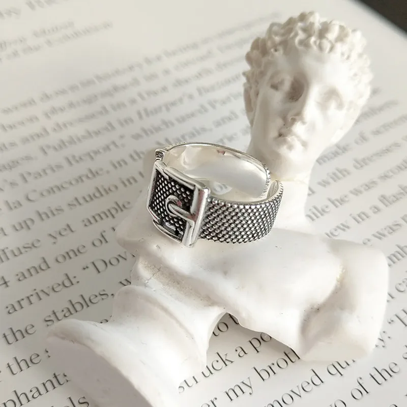 CosFecit 925 Sterling Silver Rings for Women Trendy Black Belt Silver Rings Classic Vintage Woman Opening Ring Female Jewelry  (3)