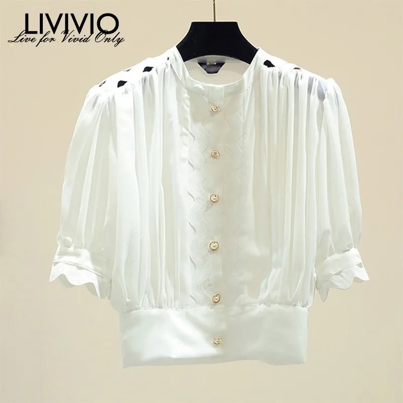 

[LIVIVIO] Sexy Solid Hollow Out Blouse For Women O Neck Puff Sleeve Button Slim Shirt Crop Tops Female 2019 Summer Fashion