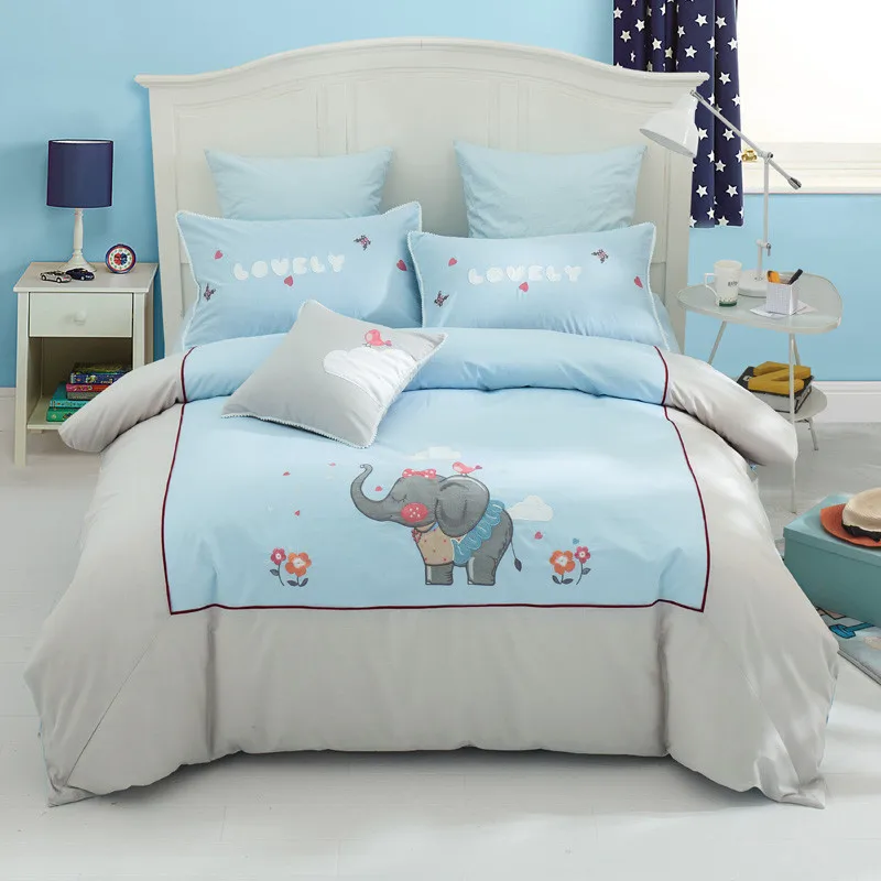 Cartoon Bedding Set Embroidered elephants Duvet Cover Bed Linen Quilt