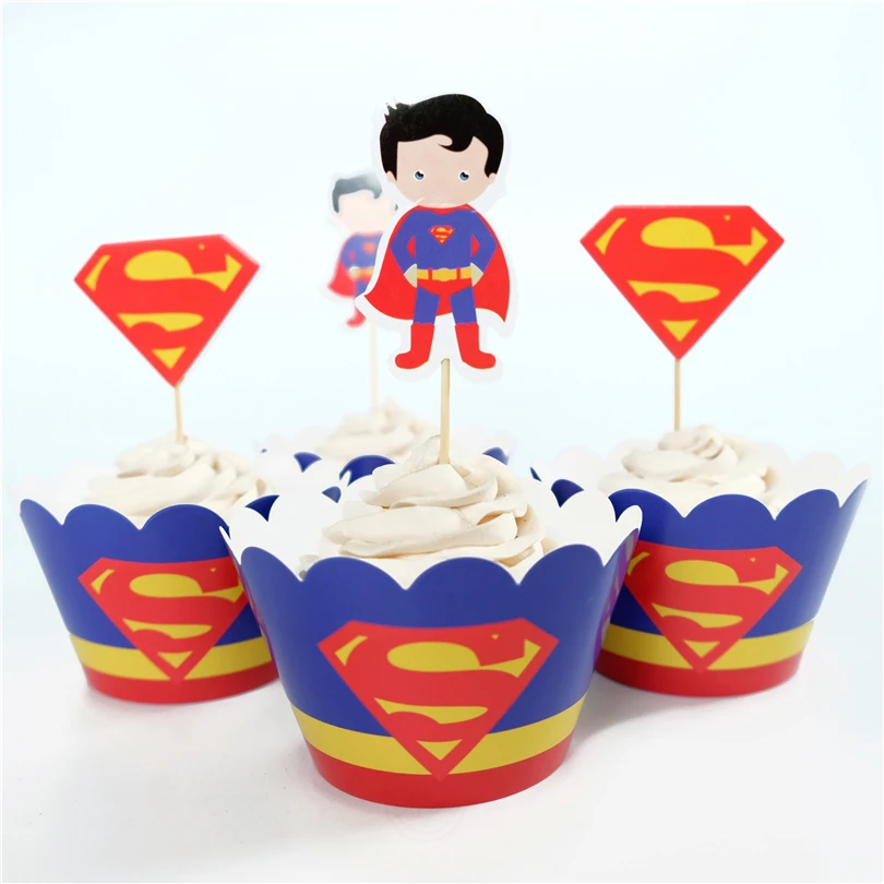 24 шт вечерние украшения свадебное украшение для кексиков сувениры кружка с изображением Супермена Торт Топперы выбор AW-0013