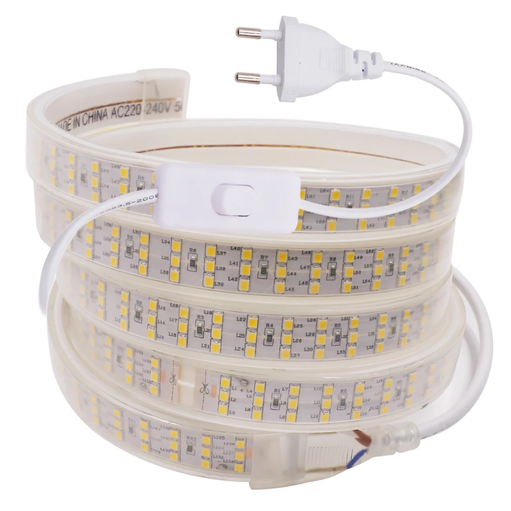 220V 276Leds/m SMD 2835 LED Strip Three Row Waterproof White Warm White Flexible Led Strip Light With Switch For Home Decoration