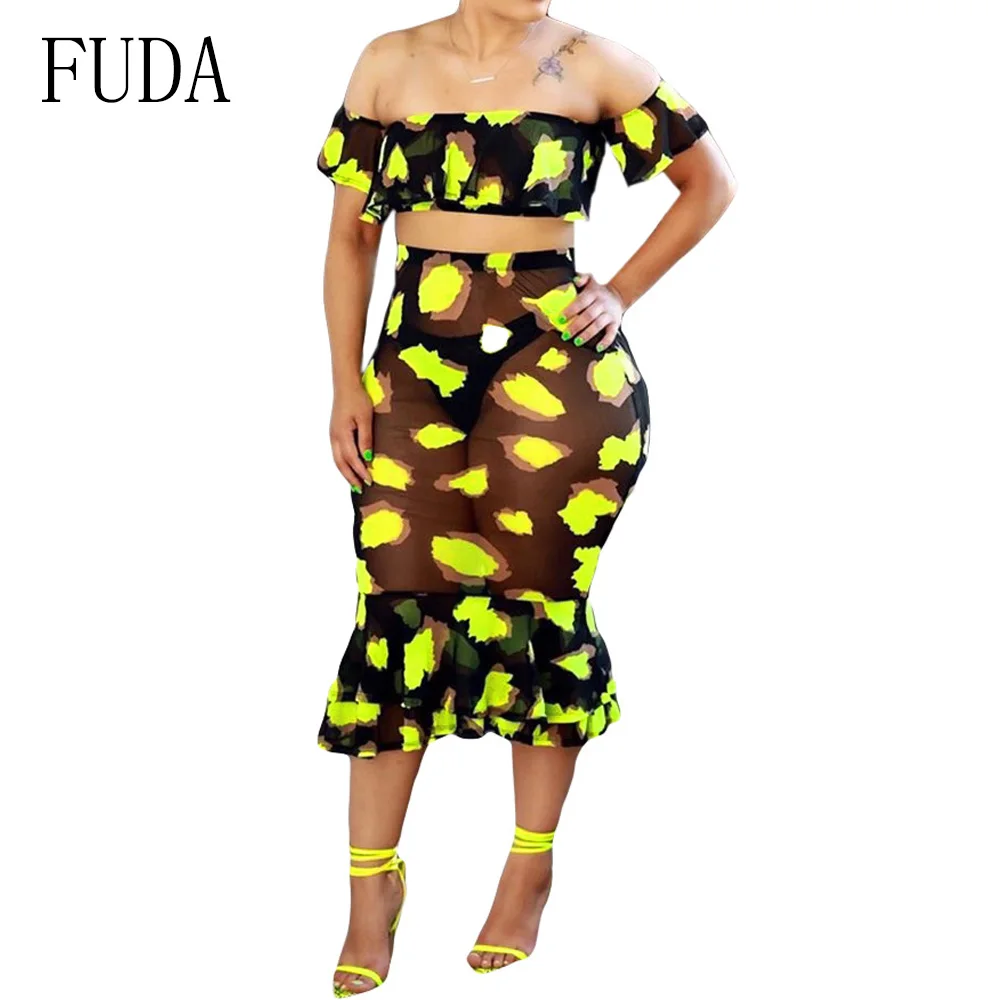 

FUDA Two Pieces Sets Sexy Off Shoulder Transparent Mesh Dress Women Elegant Hollow Out Slim Bodycon Dress Summer Femme Vestidos