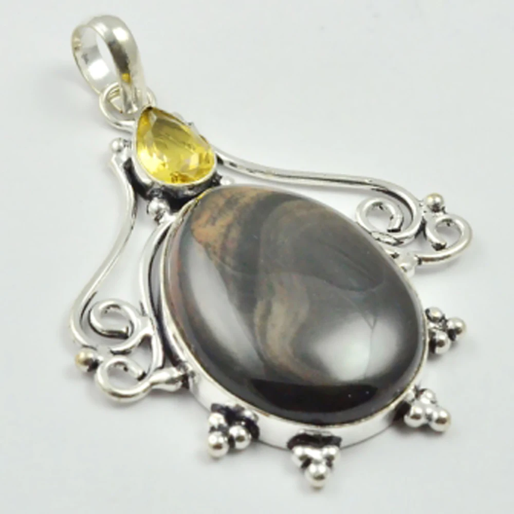 

Black Tiger Eye & Citrines Pendant Silver Overlay over Copper , 65 mm, P3140