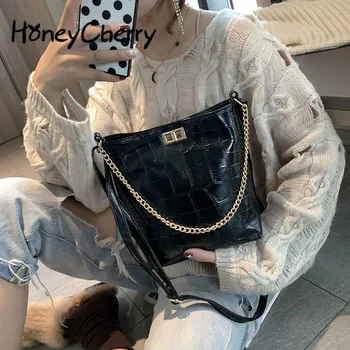 

Retro Bag Female 2018 New Fashion Recreational Crocodile Chain Wide Shoulder Belt Single Shoulder Slant Drum Bag