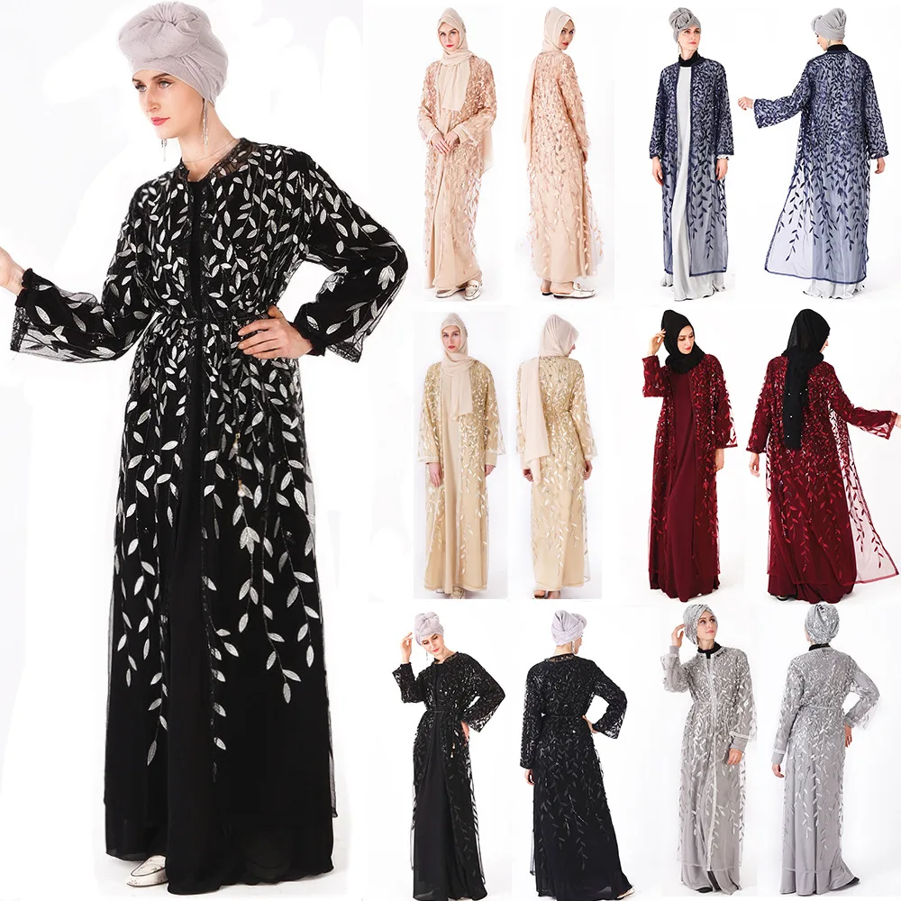 

Muslim Embroidery Abaya Sequins Full Dresses Cardigan Kimono Hollow Out Long Robe Gowns Jubah Middle East Ramadan Arab Islamic