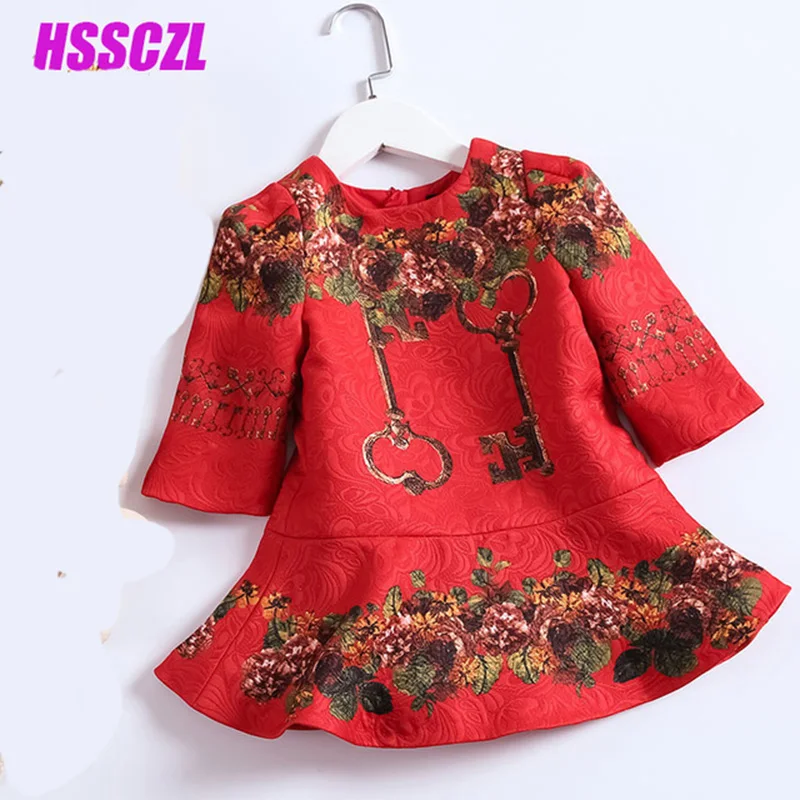 

HSSCZL 2017 new girls dresses Girl red national wind dress autumn spring plus cotton high-end brand printing full sleeve