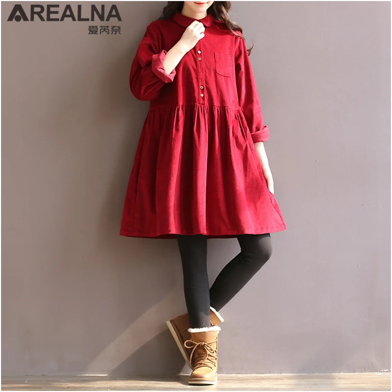 

Vetement Femme 2018 Autumn Winter Ukraine Vintage Long Sleeve Corduroy Red Yellow Navy Blue Dress Women Mori Girl Tunic Dresses