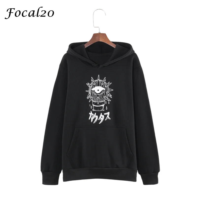 

Focal20 Harajuku Cactus Eyes Print Women Velvet Hoodies Japan Style Oversize Hooded Fleeces Sweatshirt Pullover Streetwear