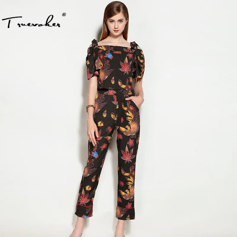 Truevoker Designer de Verão 2 Conjunto de Manga Curta Fora Do Ombro das Mulheres de Alta Qualidade Da Flor Do Vintage Impresso Top curto Com Pant