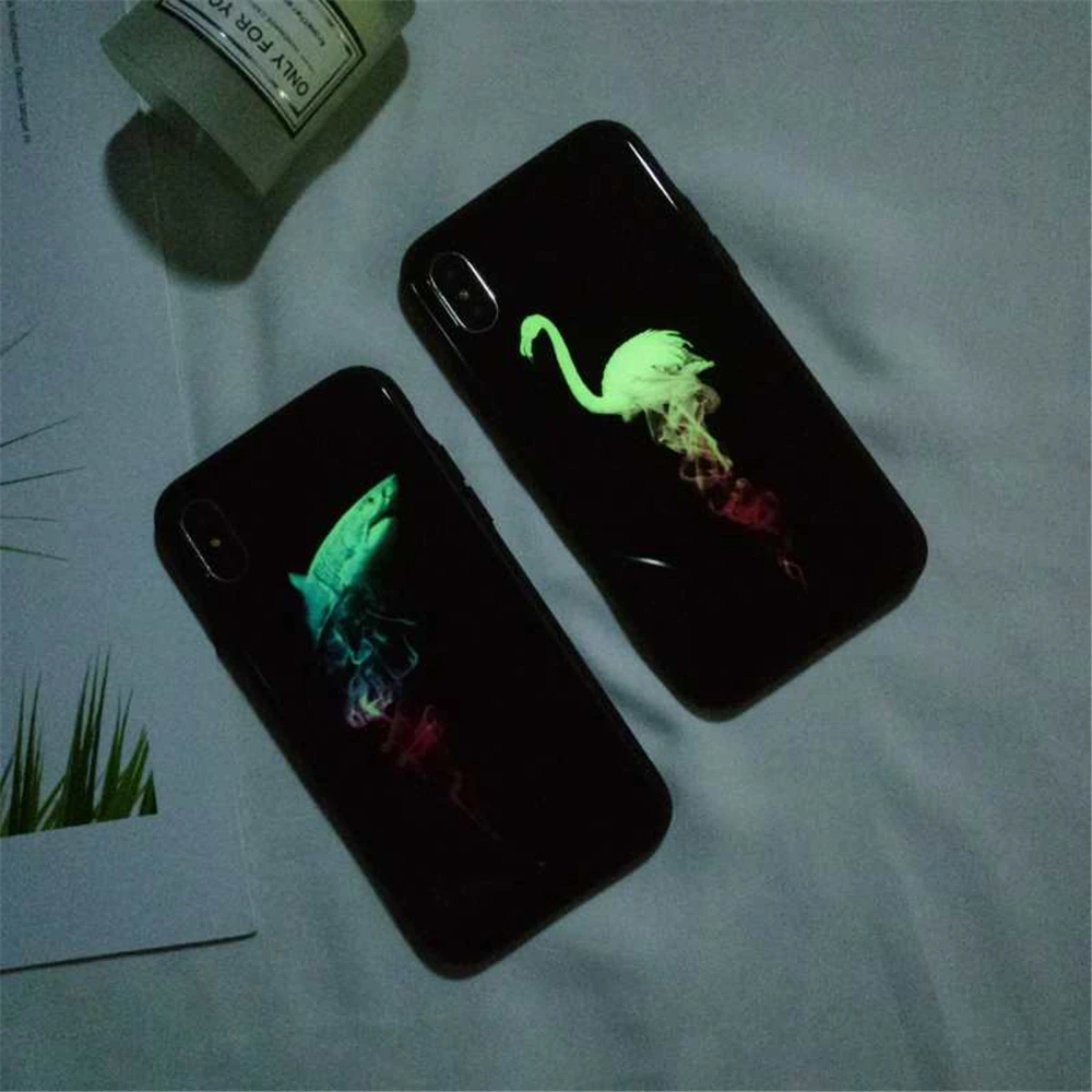

Cases For iphone 7 Luxury Smoke Shark Flamingo Luminous Phone Case For iphone 6 6S 8 Plus X Glass Mirror Back Cover Case Fundas