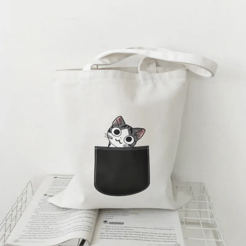 White cat Холщовая Сумка-тоут для женщин, тканевая мультяшная сумка через плечо, милые сумки для покупок с кошками и собаками - Цвет: White cat