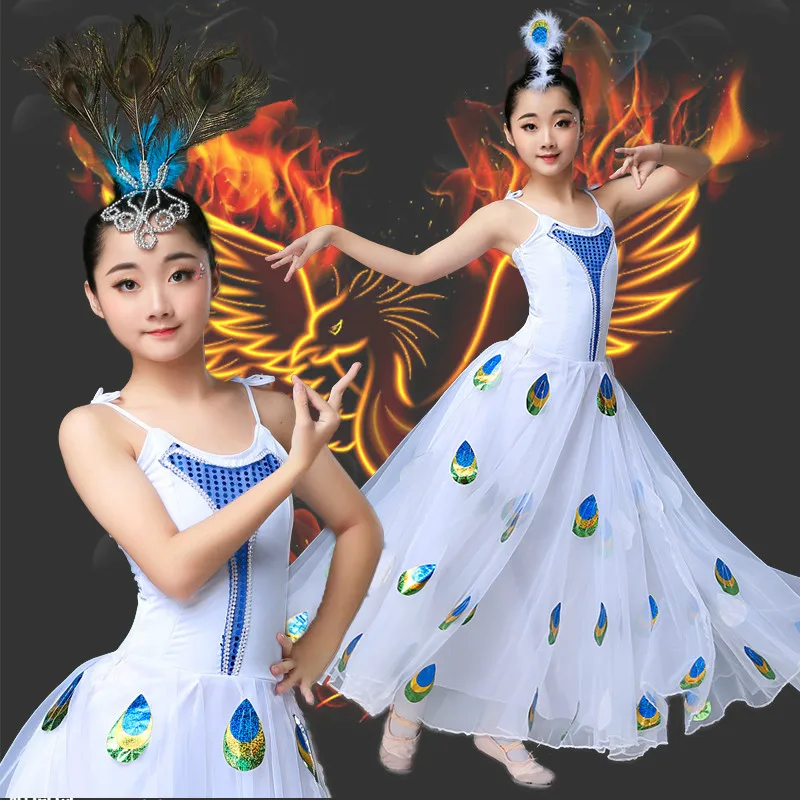 

High Quality New Opening Peacock Dancees Bird Children's Dai Dance Costume Children's Peacock Dance White 720 Degree