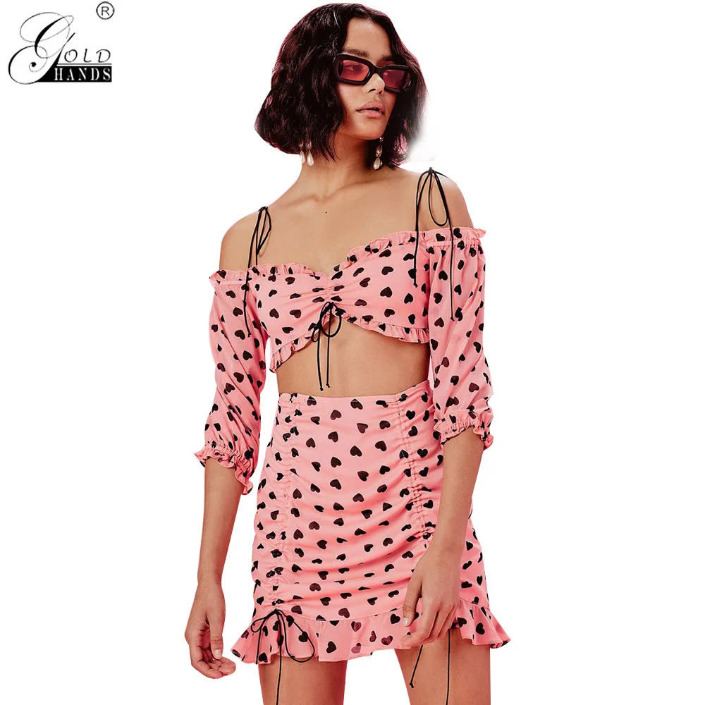 

Gold Hands Sexy Mini Women Skirt High Waist Heart Print Summer Skirt Ruffle Pink Female Chiffon A-Line Sweet Skirts Beach 2019