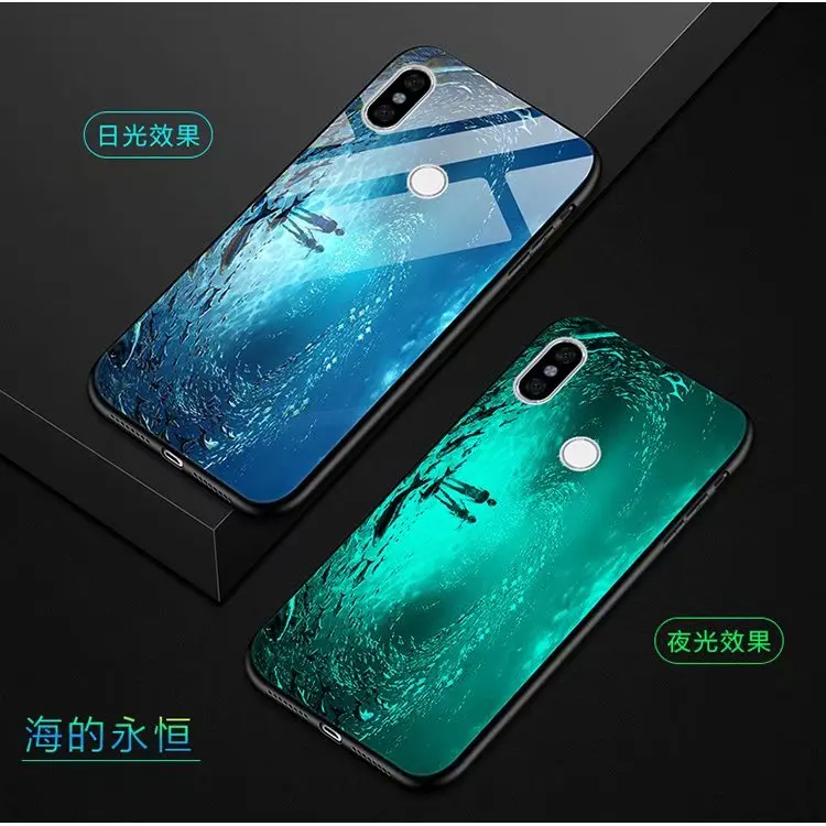 

For Xiaomi Mi 8 A2 Lite Case Luxury Luminous Hard Tempered Glass Protective Cover Case for xiaomi redmi 6 pro note 5 pro 5 Plus