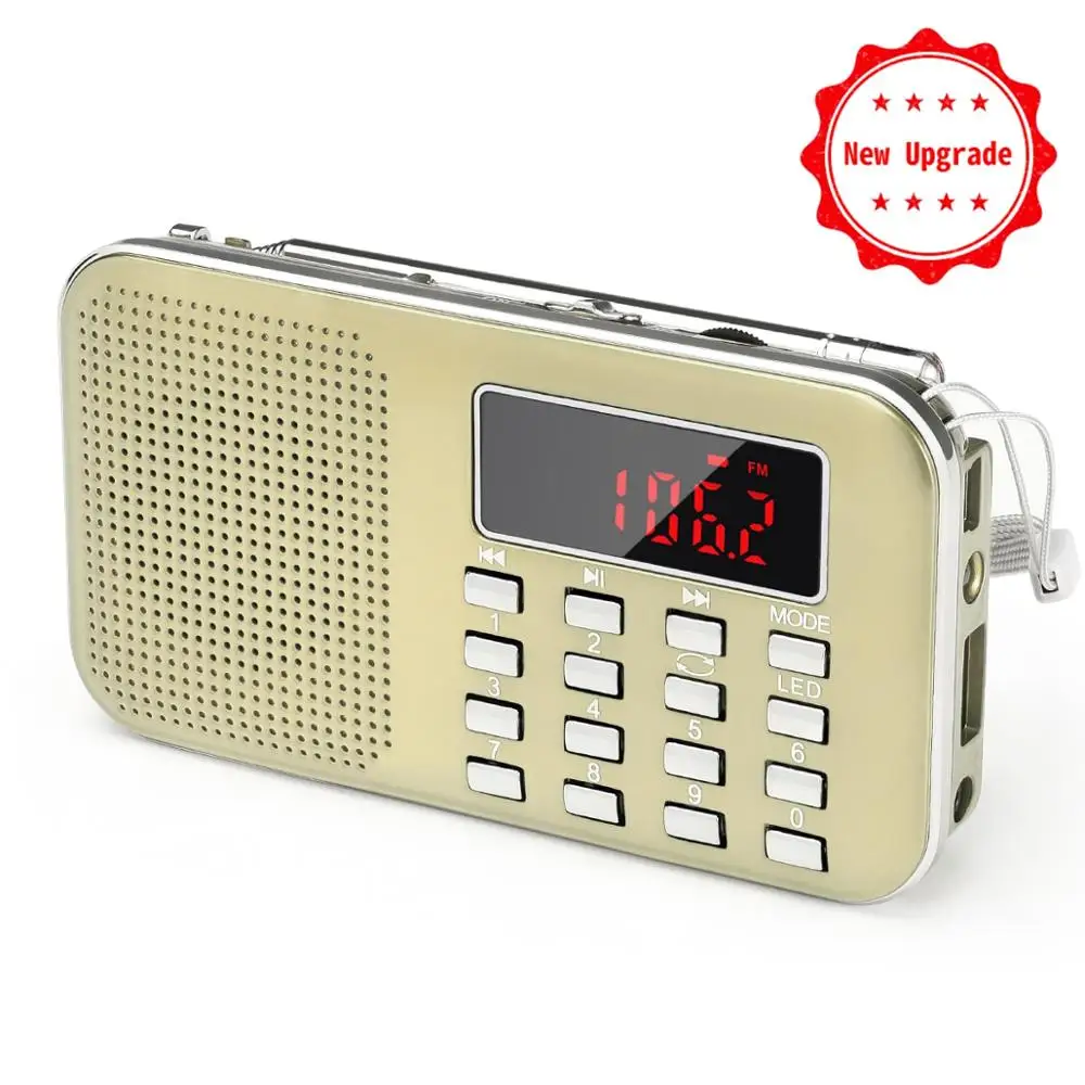 PRUNUS L-218 мини fm-радио приемник AM/fm/SD карты MP3 play спикер USB/AUX портативный аварийный радиоприемник со светодиодным светильник/антенной - Цвет: Gold