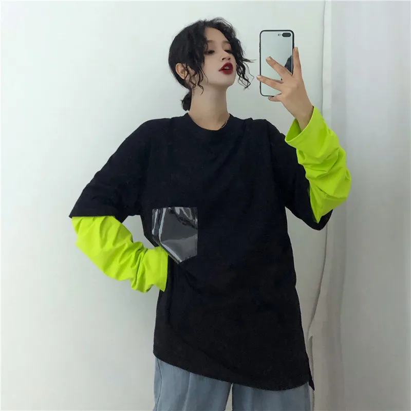 

Patchwork Contrast Long Sleeve Perspective Leather Pocket Loose Streetwear Women/Men Tee Top TShirt Korean T-Shirt Harajuku 2019