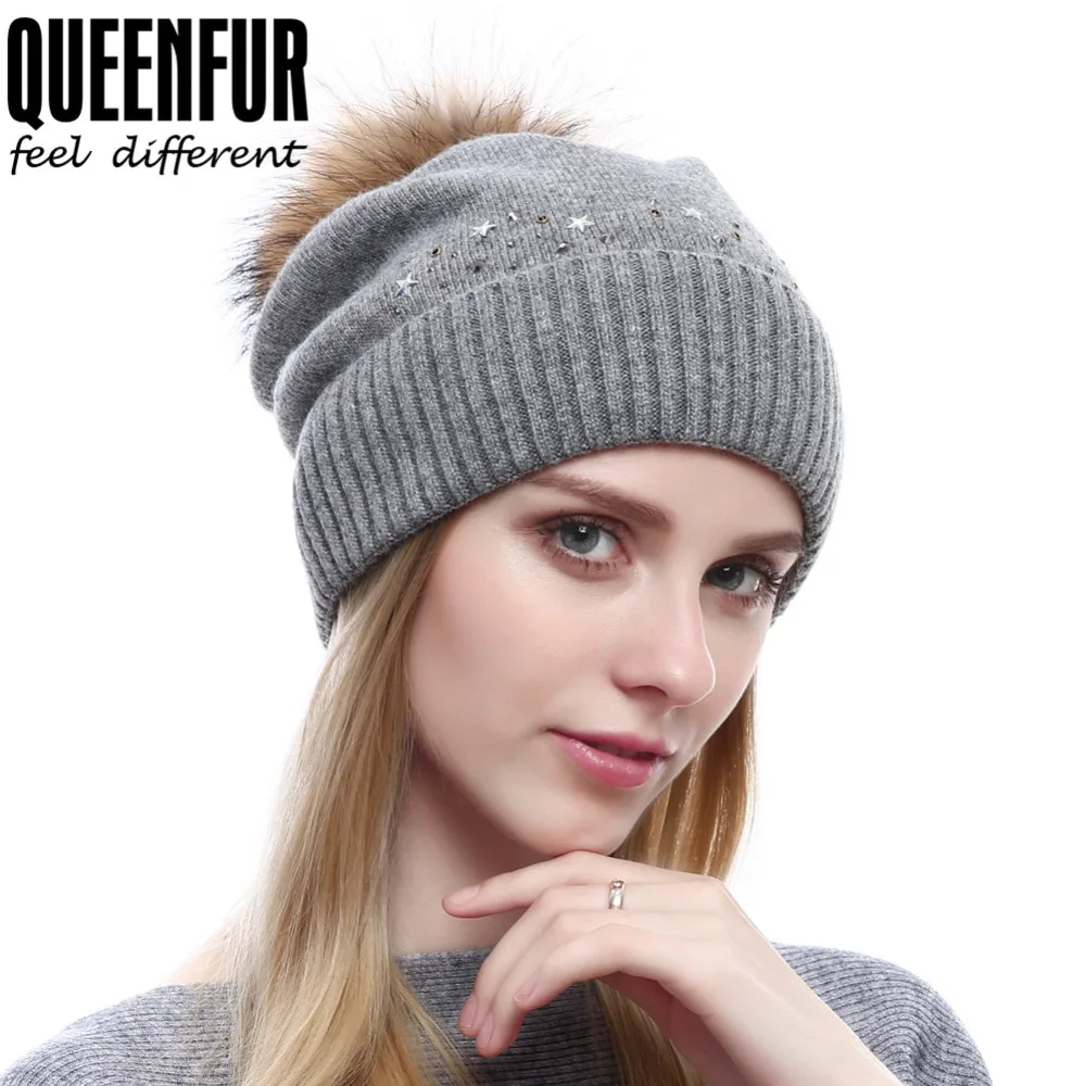 QUEENFUR Knitted Wool Hats With Nature Raccoon Fur Pompom Winter Women's Beanies Solid Colors