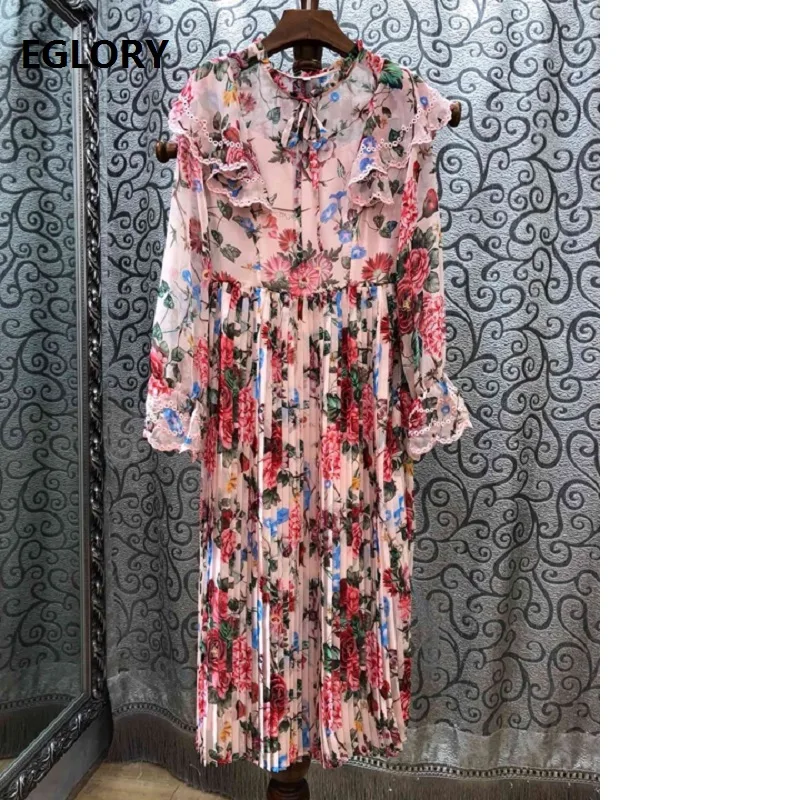 

High Quality Designer Dress 2019 Spring Summer Clothes Women Runway Floral Print Hollow Out Embroidery Pink Black Pleated Dress