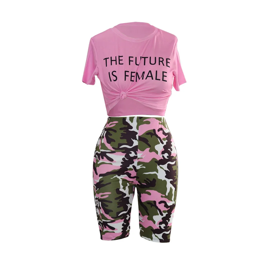 Камуфляжный розовый комплект из двух предметов, летние наряды, футболка, укороченный топ и камуфляжные шорты, комплект, сексуальный спортивный костюм, одинаковые комплекты D41-AB95 - Цвет: Розовый
