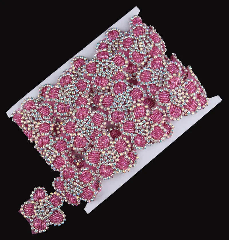

1Yard Clear Bling Pink Beaded Rhinestone Applique Trim Flower Shape Crystal Applique Patch Trimming For DIY Wedding Belt/Shoe