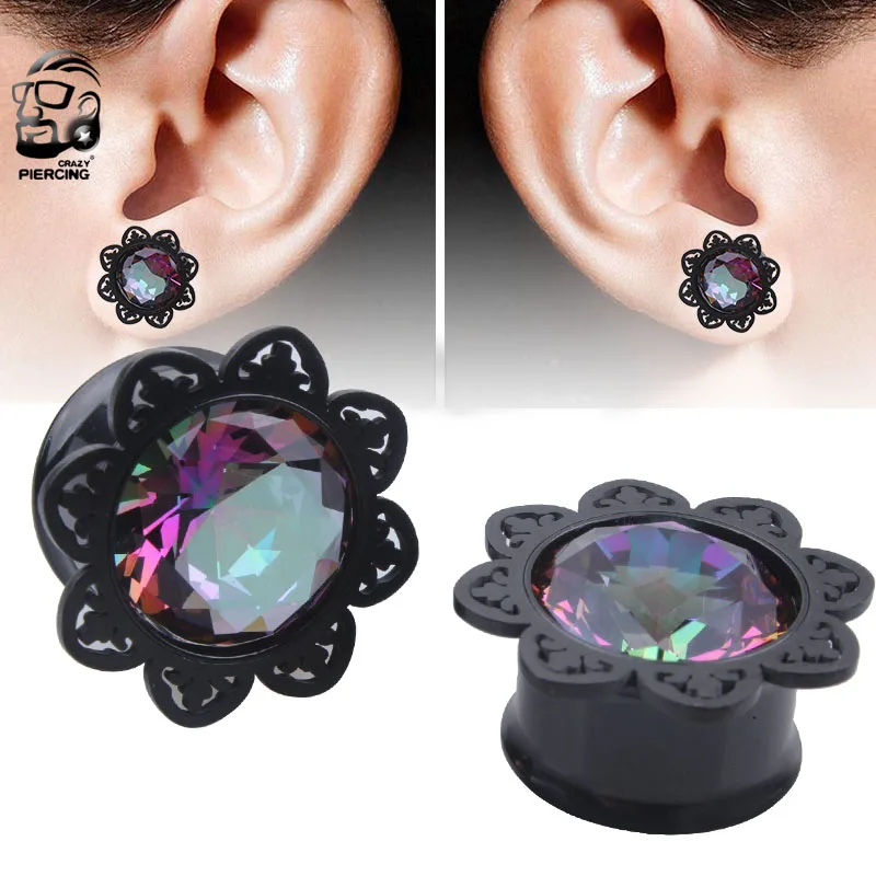 1 Pair External Earplug Tunnel Retro 3D Engraved Flower Acrylic Screw