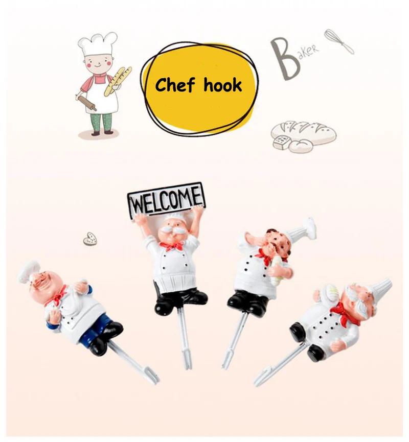 Resin Stainless Steel Hook Creative Wall Decoration Glue No Trace Hook Kitchen Bathroom Cute Chef Shape Strong Key Hooks (8)