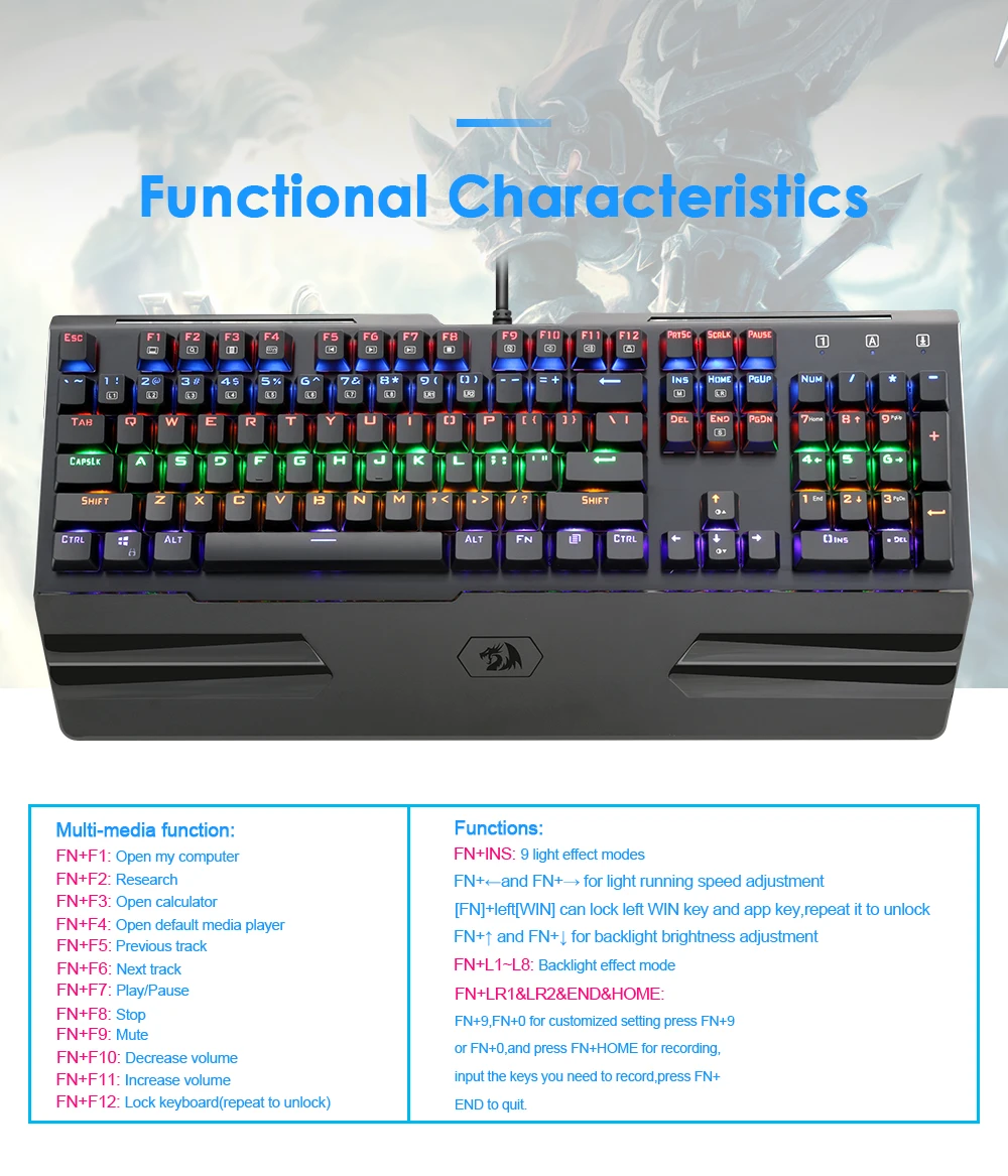 Redragon K560 Радужная алюминиевая USB Механическая игровая клавиатура, синий переключатель, эргономичная подсветка клавиш, 104 клавиш, Проводная компьютерная игровая клавиатура