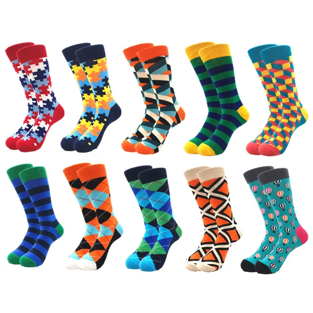 10pairs/lot Mens Happy Socks Quality Combed Cotton Crew colorful Funny cartoon Sock fashion long