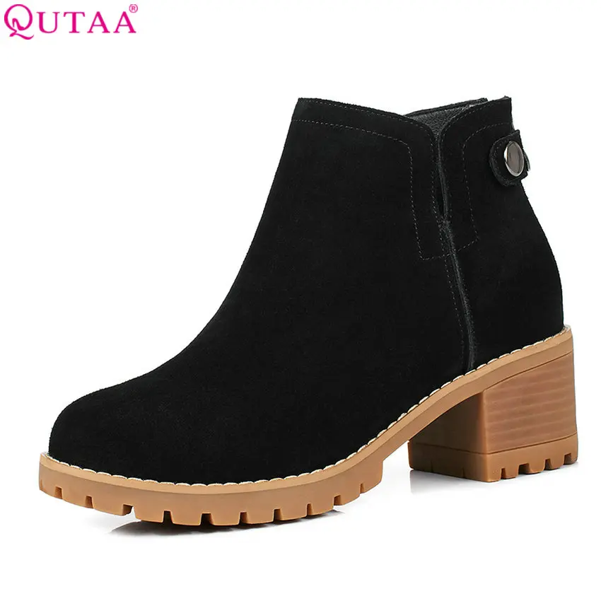 

QUTAA 2018 Womwn Ankle Boots All Match Fashion Zipper Cow Suede Square High Heel Round Toe fashion Women Boots Size 34-39