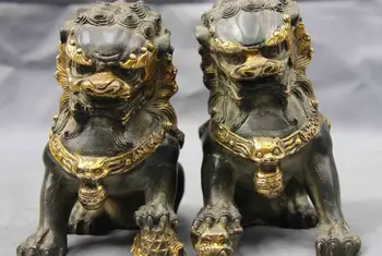 

Chinese Royal Old Copper Bronze Gild FengShui Evil Foo Dog Lion Kylin Kilin Pair