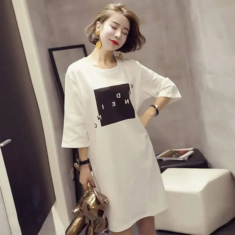 

MISSKY Women Summer Dress White Yellow Color Printing Loose Short Sleeves Round Collar Split T-shirt Mini Dress Female Clothes