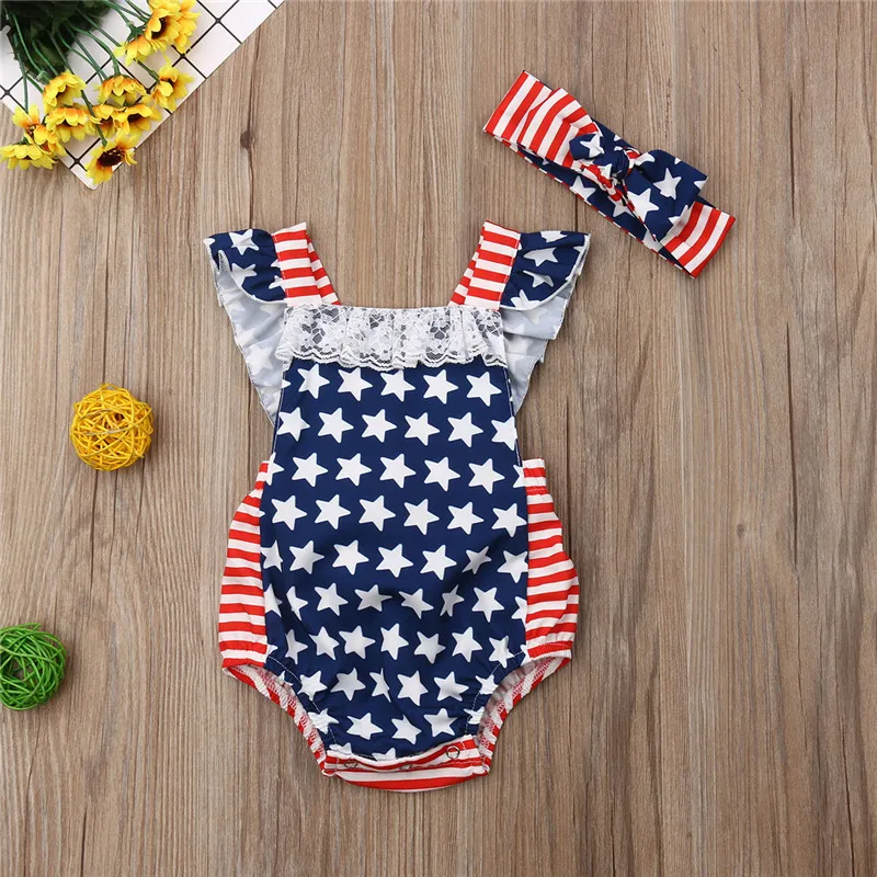 

Fourth of July Outfit Clothes Infant Baby Girls American Flag Bodysuits 2Pcs Outfit