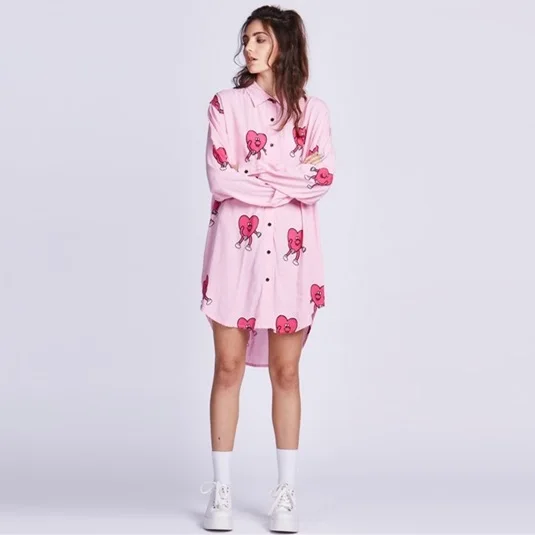 

Women Blouse 2017 Lazy Oaf Style Heart Print Plus Size Shirt for Girl Fashion Cute Chiffon Casual Long Sleeve Oversized Top Pink