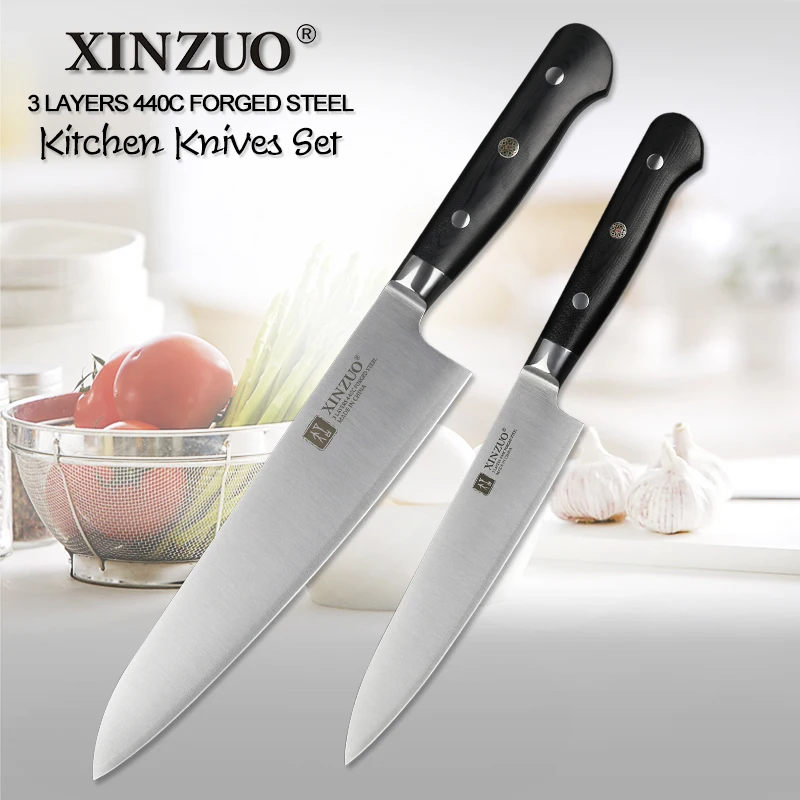 XINZUO 2PCS Kitchen Knife Set 3Layer 440C Core Clad Steel Gyutou Knife